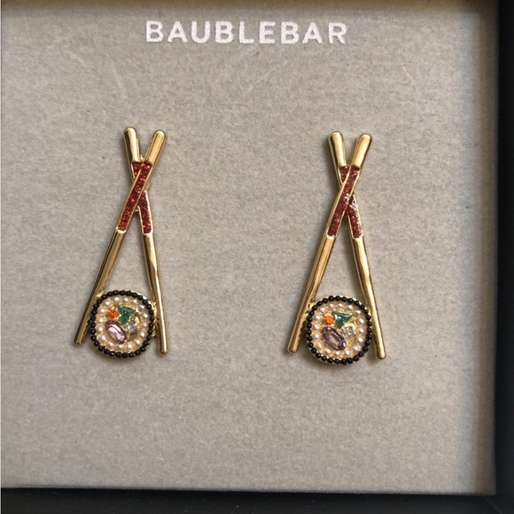 BaubleBar Gold Tone Chopsticks & Sushi Roll Drop Earrings Crystal Accents NIB - Picture 2 of 10